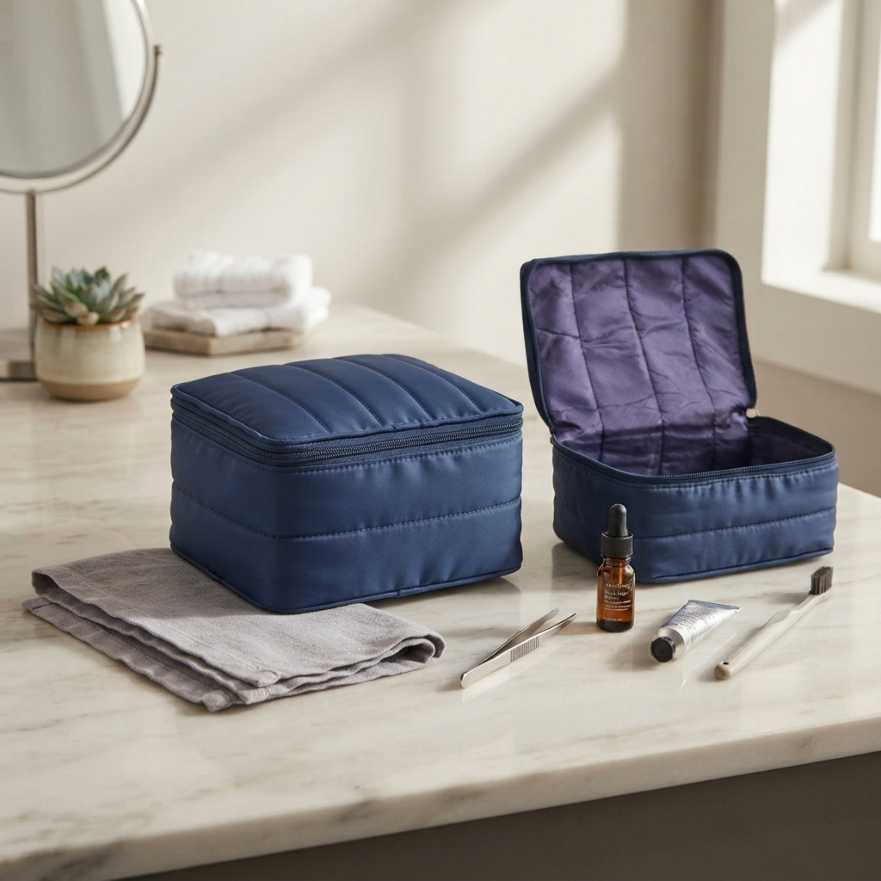 20856 Premium Quilted Cosmetic Makeup Organizer Bag | Large Capacity Travel Toiletry Pouch | Waterproof Zipper Storage Case for Women | Navy Blue Size=22*13*16 Cm