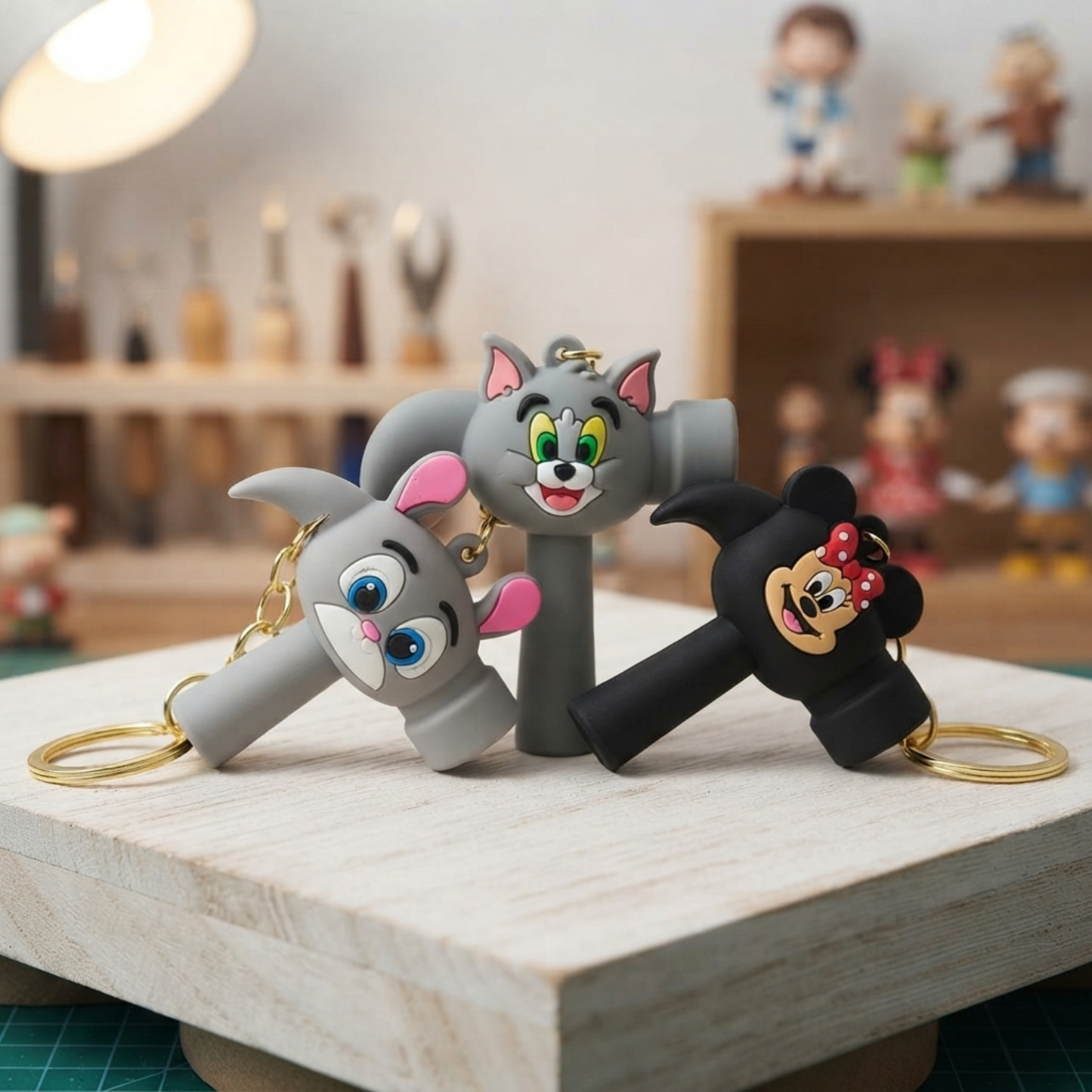 20836  Cute Cartoon Hammer Choo Choo Keychain With Sound For Kids, Shake Left Right Musical Beep Hammer Toy, Soft Grip Cartoon Handheld Sensory Keychain
