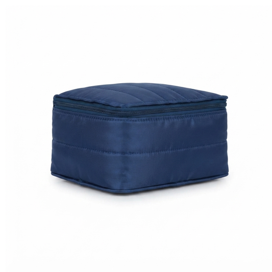 20856 Premium Quilted Cosmetic Makeup Organizer Bag | Large Capacity Travel Toiletry Pouch | Waterproof Zipper Storage Case for Women | Navy Blue Size=22*13*16 Cm