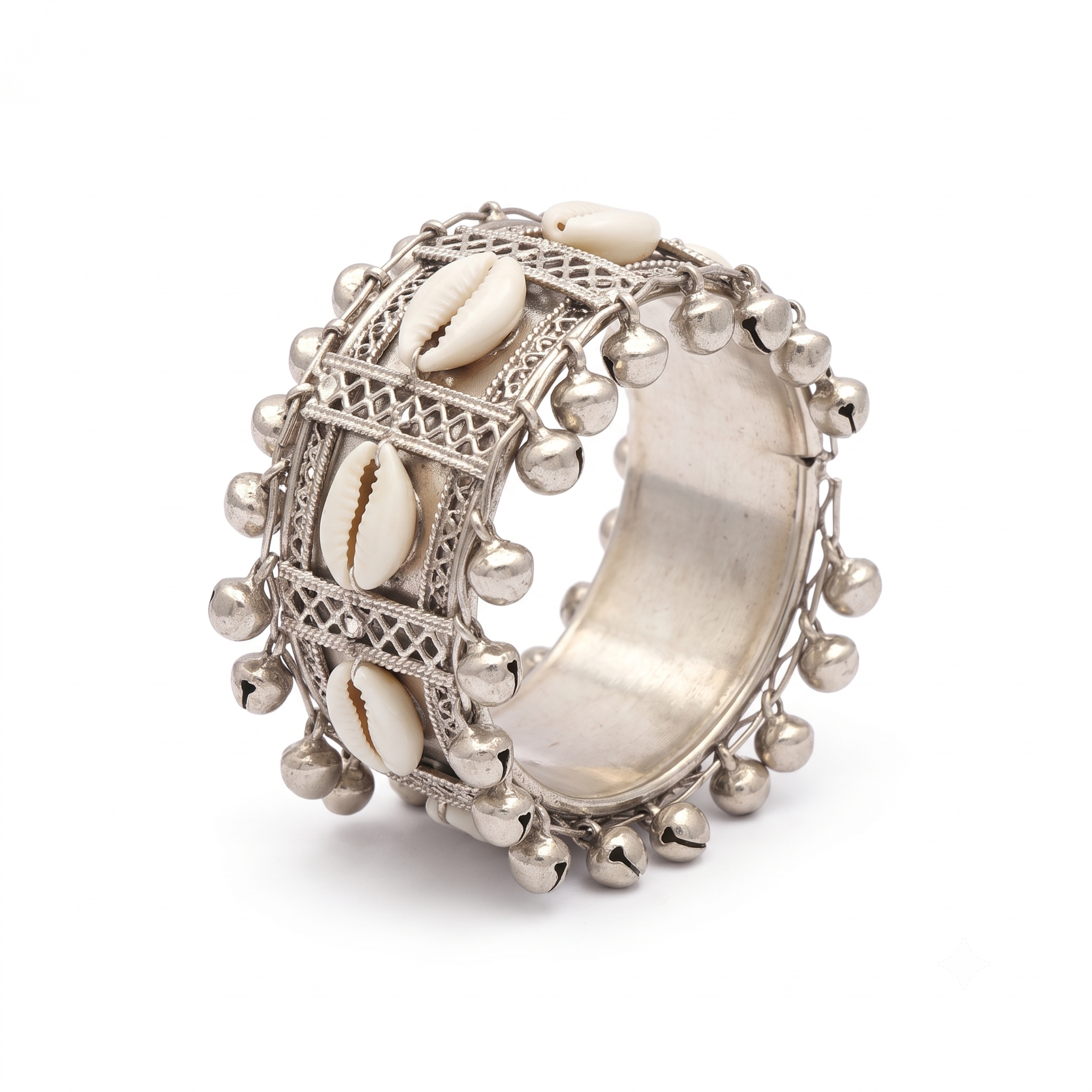 21214 BANGLEBEE Silver Oxidised Cowrie Shell Ghungroo Cuff Bangle for Women | Boho Tribal Statement Bracelet | Adjustable Free Size