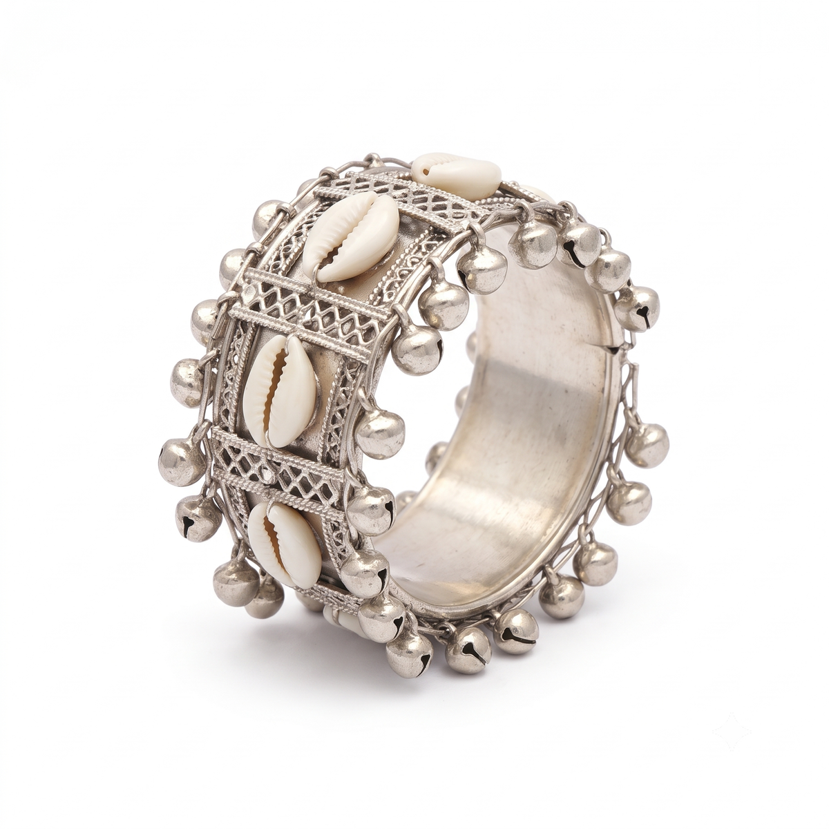 21214 BANGLEBEE Silver Oxidised Cowrie Shell Ghungroo Cuff Bangle for Women | Boho Tribal Statement Bracelet | Adjustable Free Size