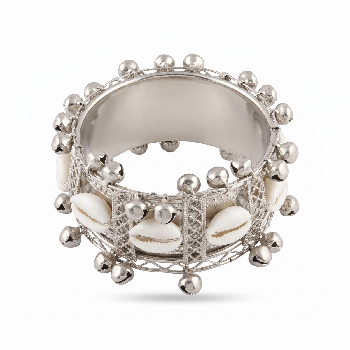 21214 BANGLEBEE Silver Oxidised Cowrie Shell Ghungroo Cuff Bangle for Women | Boho Tribal Statement Bracelet | Adjustable Free Size