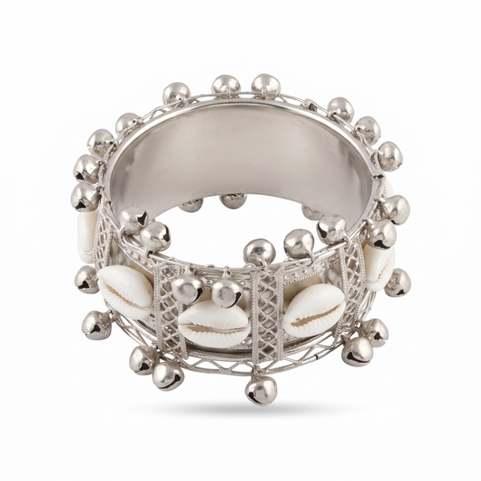 21214 BANGLEBEE Silver Oxidised Cowrie Shell Ghungroo Cuff Bangle for Women | Boho Tribal Statement Bracelet | Adjustable Free Size