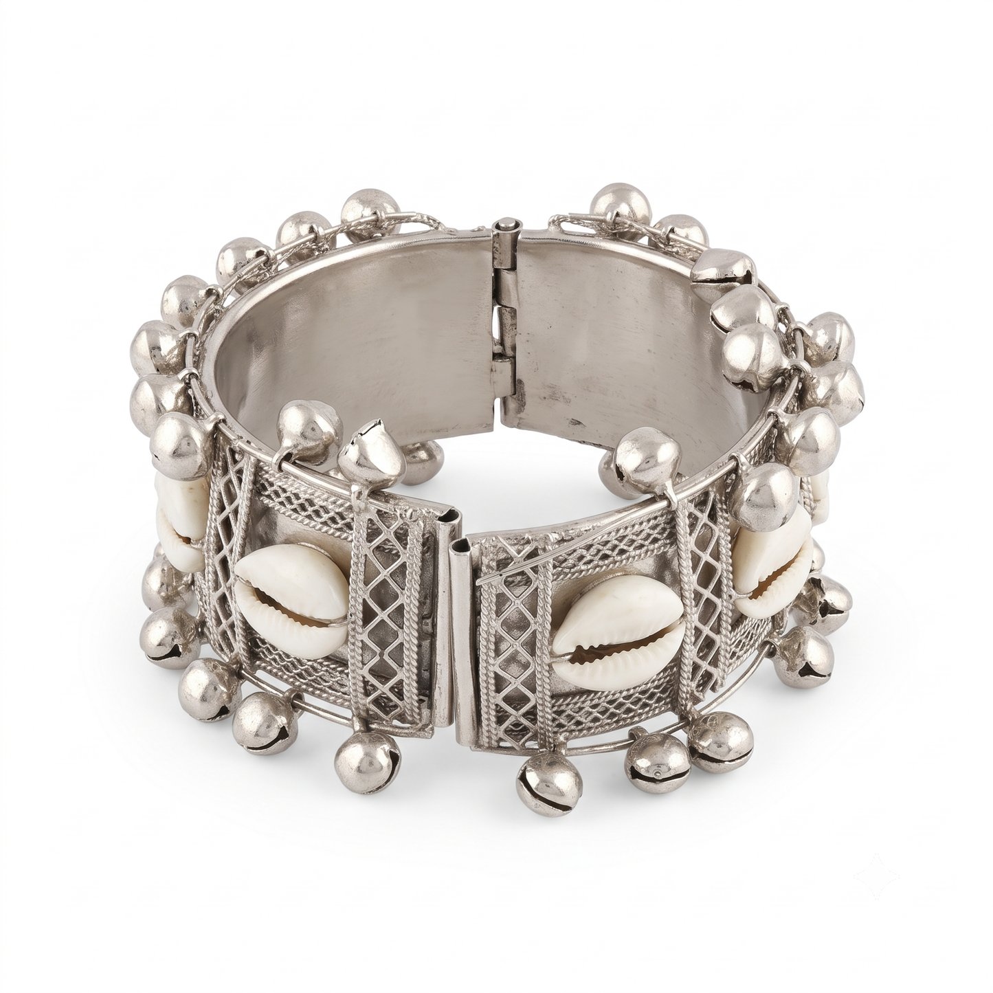 21214 BANGLEBEE Silver Oxidised Cowrie Shell Ghungroo Cuff Bangle for Women | Boho Tribal Statement Bracelet | Adjustable Free Size