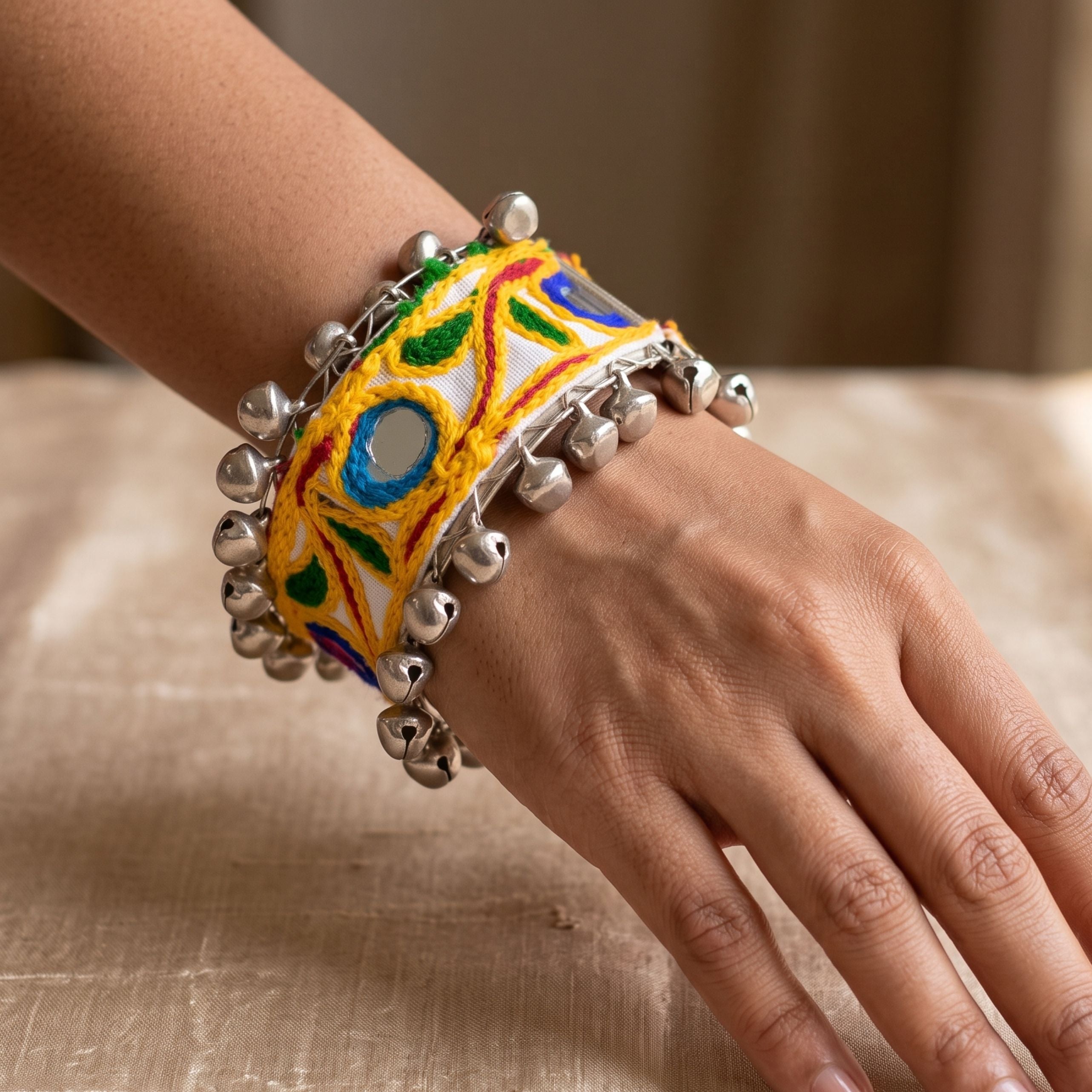 21215 Handcrafted Navratri Dandiya Ghungroo Kada for Women | Oxidised Silver Look Mirror Embroidered Bracelet | Garba Festival Jewellery | Free Size Traditional Bangle