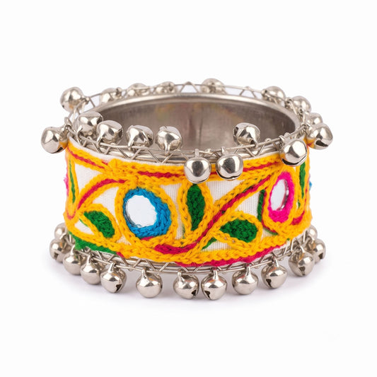 21215 Handcrafted Navratri Dandiya Ghungroo Kada for Women | Oxidised Silver Look Mirror Embroidered Bracelet | Garba Festival Jewellery | Free Size Traditional Bangle