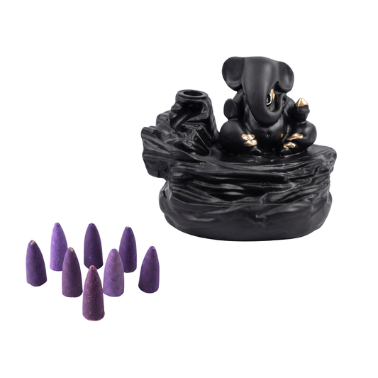 21094 Smoke Fountain Ganesha Idol Decoration Items with 8 Pc Backflow Incense Cones Sticks