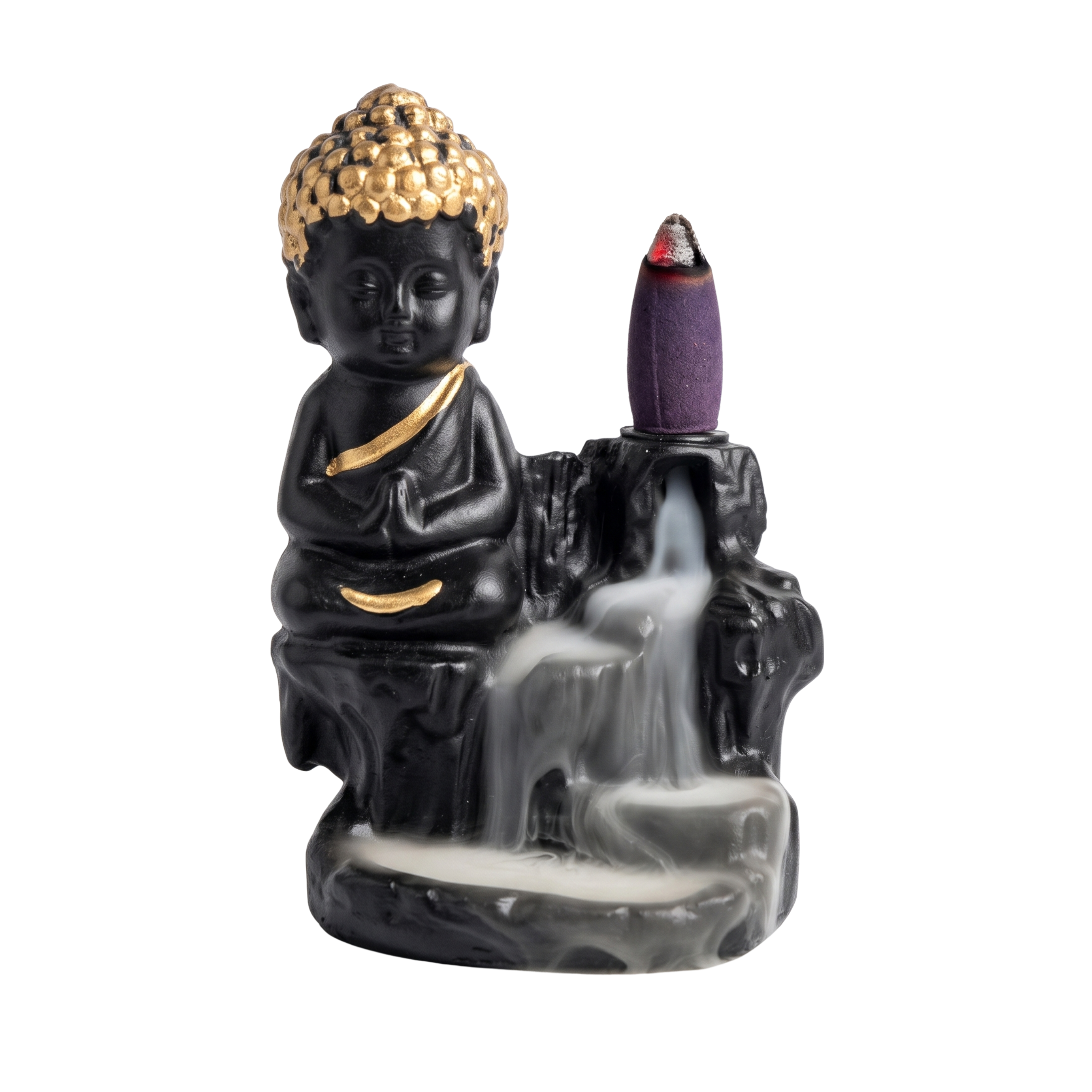 21097 Black Golden Meditating Monk Buddha Statue Smoke Backflow Incense Holder with Incense Cones Showpiece for Home Decor Living Room Office Gift
