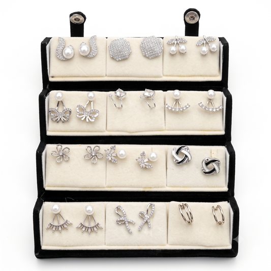 20945 Premium 12 Pairs Korean Style Earrings Combo Set for Women | Trendy Gold, Crystal & Pearl Designs | Gift Collection with Foldable Display Stand