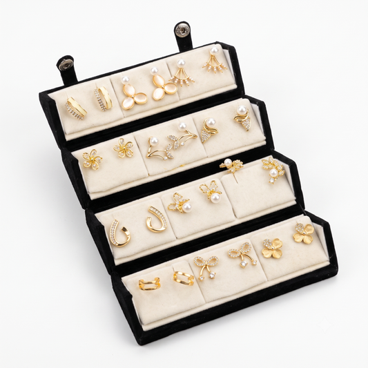 20945 Premium 12 Pairs Korean Style Earrings Combo Set for Women | Trendy Gold, Crystal & Pearl Designs | Gift Collection with Foldable Display Stand