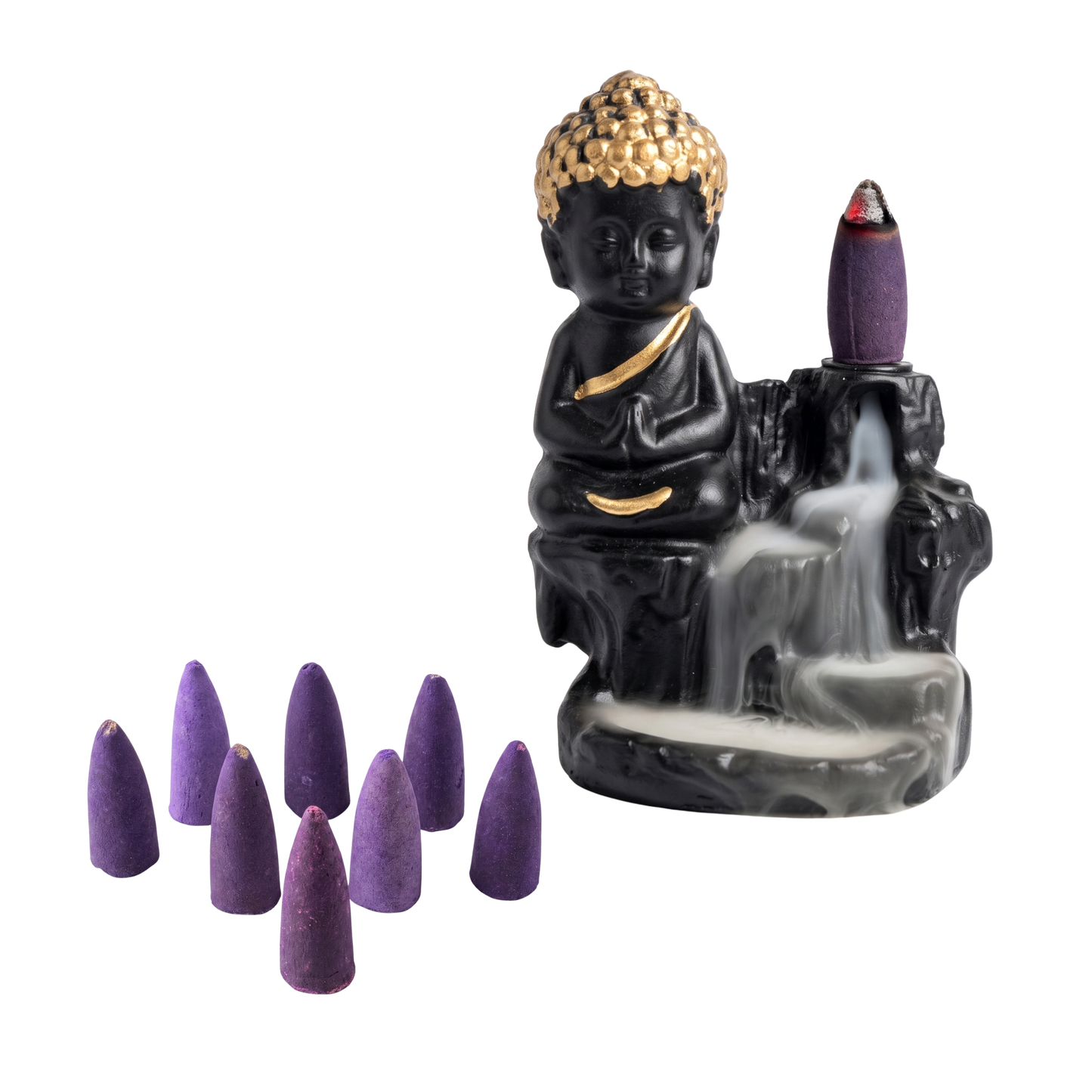 21097 Black Golden Meditating Monk Buddha Statue Smoke Backflow Incense Holder with Incense Cones Showpiece for Home Decor Living Room Office Gift