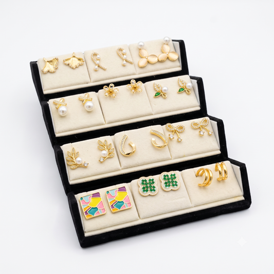 20945 Premium 12 Pairs Korean Style Earrings Combo Set for Women | Trendy Gold, Crystal & Pearl Designs | Gift Collection with Foldable Display Stand