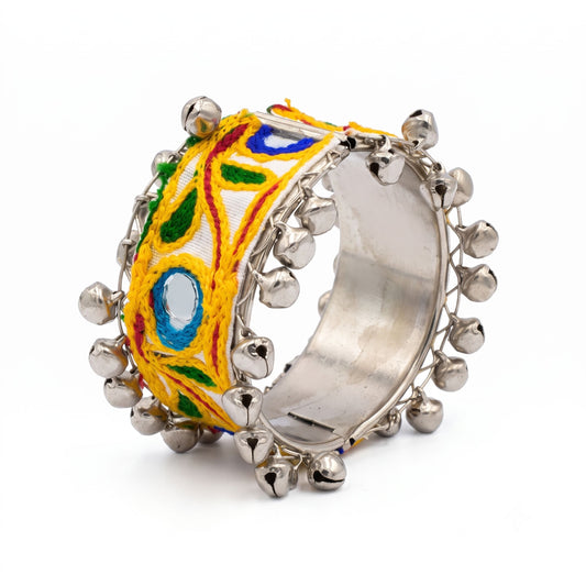 21215 Handcrafted Navratri Dandiya Ghungroo Kada for Women | Oxidised Silver Look Mirror Embroidered Bracelet | Garba Festival Jewellery | Free Size Traditional Bangle
