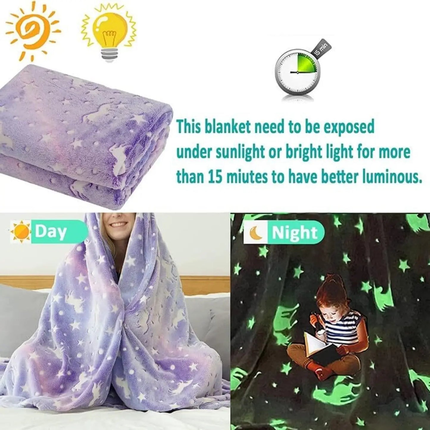 20196 Glow in The Dark Blanket - Random Design Throw Blanket Birthday Gift {Multicolor}