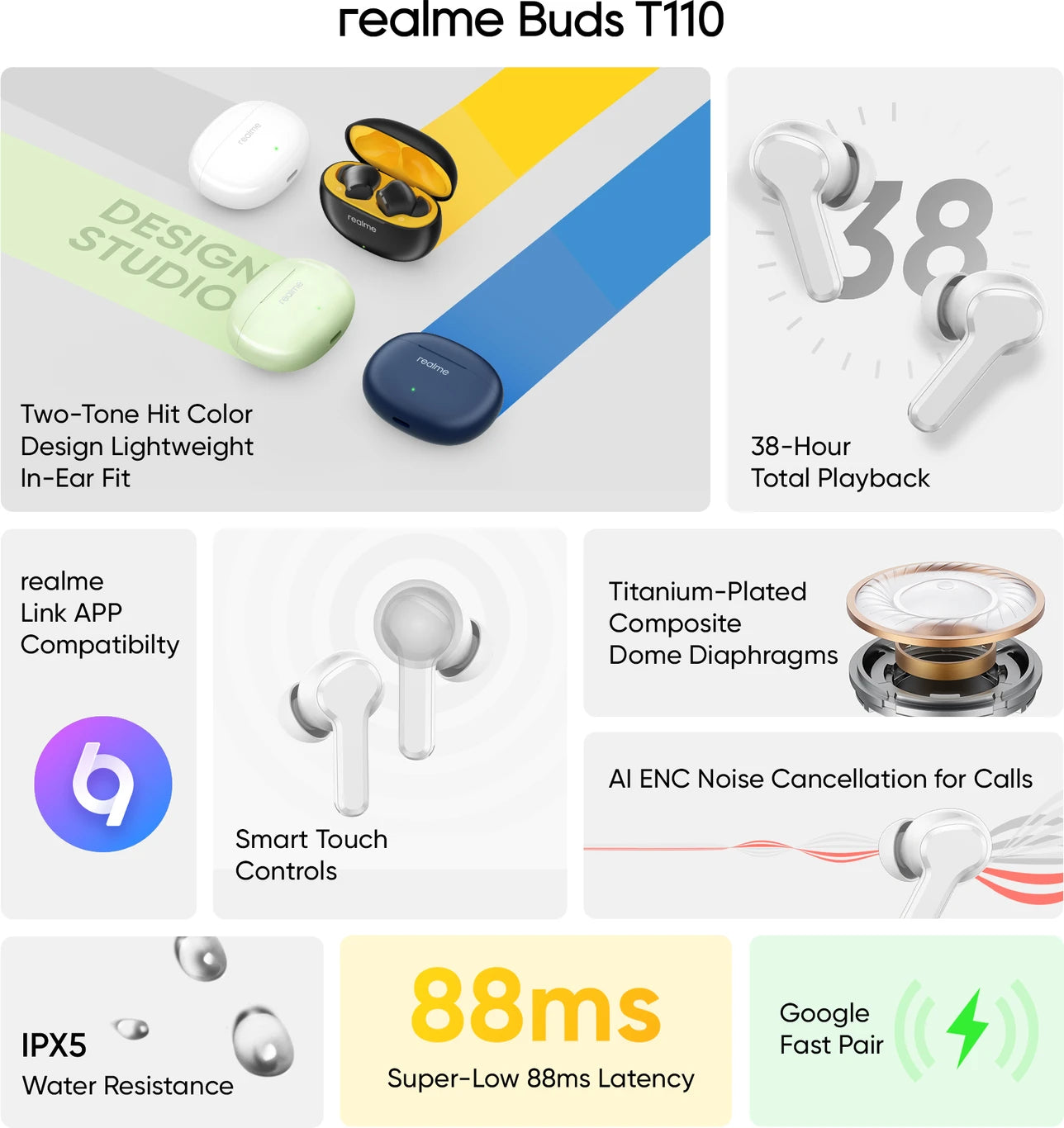 T110 Truly Wireless in Ear Earbuds with 38Hrs Playtime, AI-ENC Mic, Bluetooth 5.4 with Low Latency Gaming, 13mm Bass Drivers, Type-C Fast Charging, Touch Controls