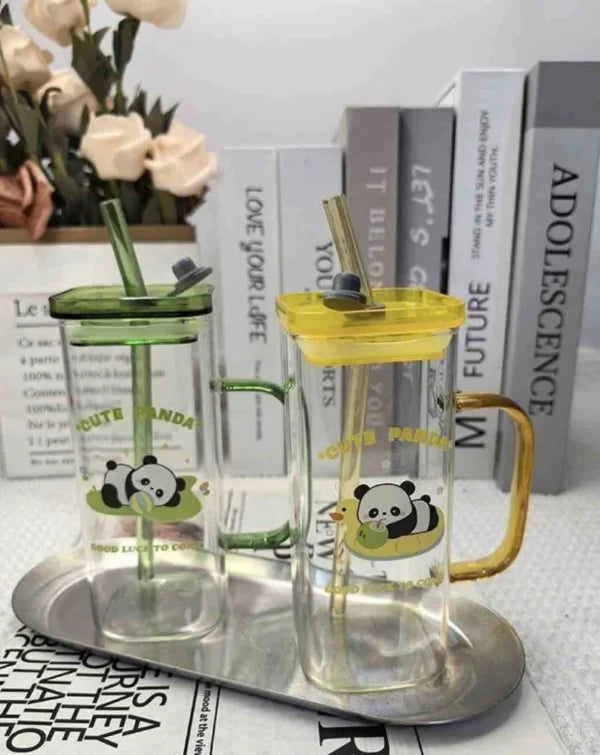 20039 Panda Glass Tumbler Sipper Bottle with Sipper Lid (500 ml) Random Color