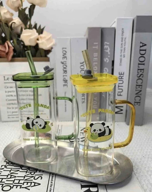 20039 Panda Glass Tumbler Sipper Bottle with Sipper Lid (500 ml) Random Color