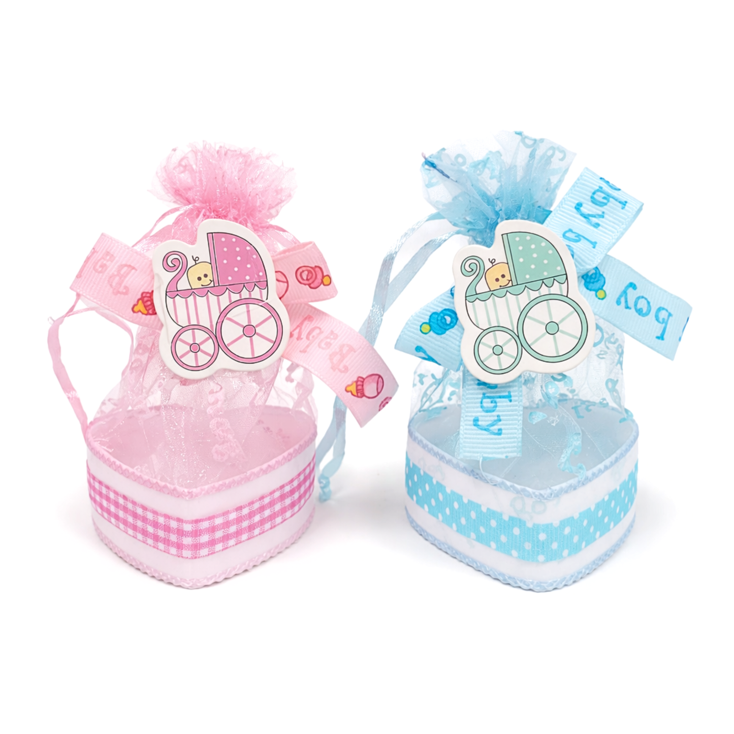 20533 {12 Pcs} Gifts Baby Christening Basket with Organza Bag and Pattern Blue and Pink, Boy Candy