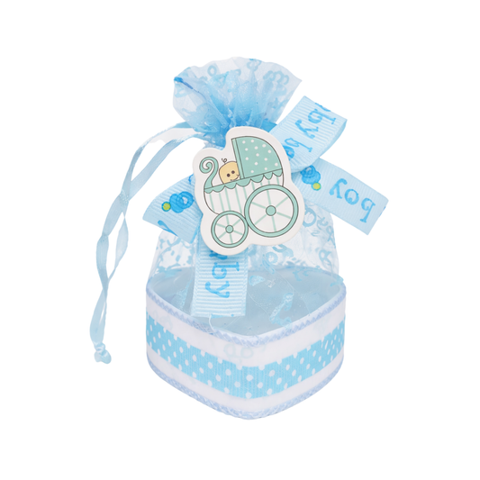 20533 {12 Pcs} Gifts Baby Christening Basket with Organza Bag and Pattern Blue and Pink, Boy Candy