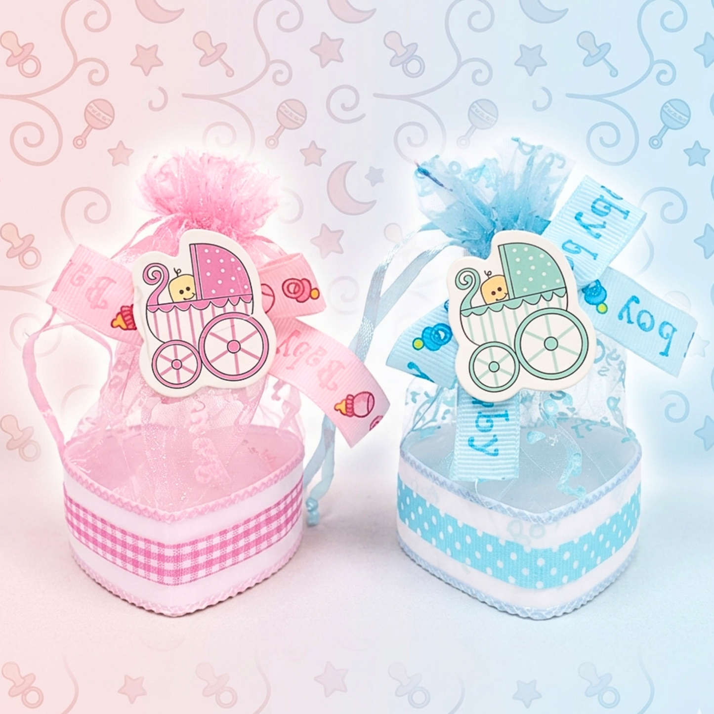 20533 {12 Pcs} Gifts Baby Christening Basket with Organza Bag and Pattern Blue and Pink, Boy Candy