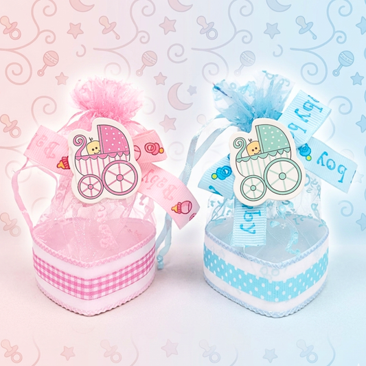 20533 {12 Pcs} Gifts Baby Christening Basket with Organza Bag and Pattern Blue and Pink, Boy Candy