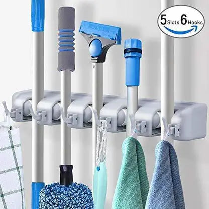 10445 5 Slots And 6 Hooks Wall Mounted Magic Mop Broom Sticks Hanger Stand Organizer Holder Accessories Organizer