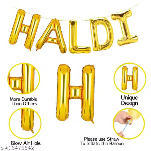 20667 Haldi Decoration 45pcs Pack for Ceremony Gliter Paper Banner, Yellow & White Balloons, Fringe Foil Curtains, Golden Heart Balloons