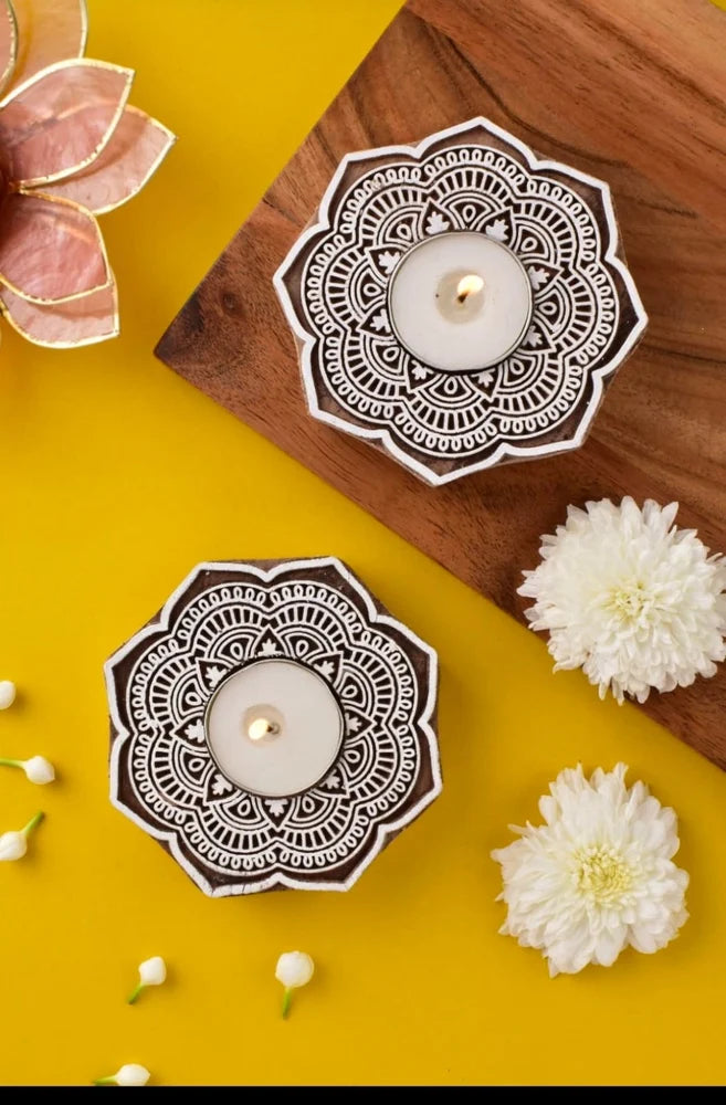 20427 Wooden Hand Carved Tea Light Home Decorative Item Tea Light Candle