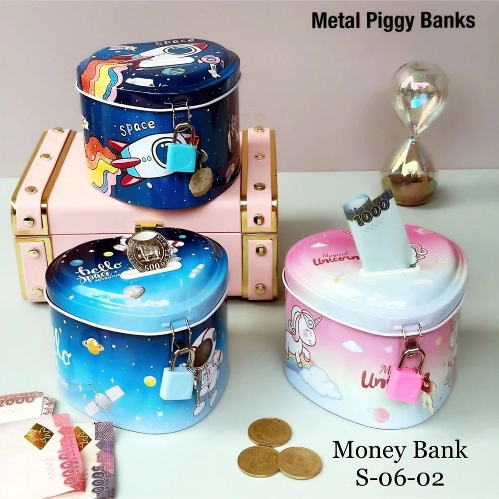 20368 Piggy Bank for Kids, Space/Unicorn Money Saving Tin Coin Bank, Birthday Return Gift for Girls and Boys