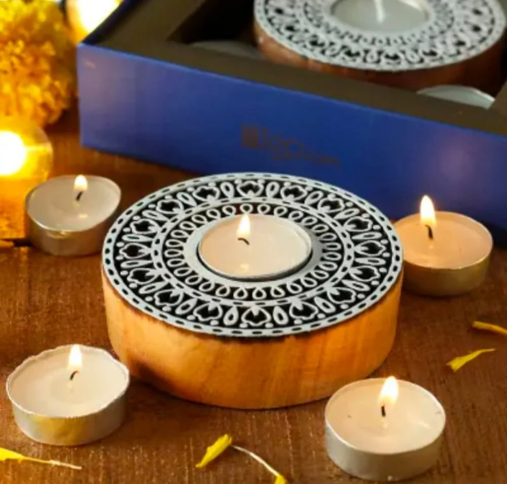 20427 Wooden Hand Carved Tea Light Home Decorative Item Tea Light Candle