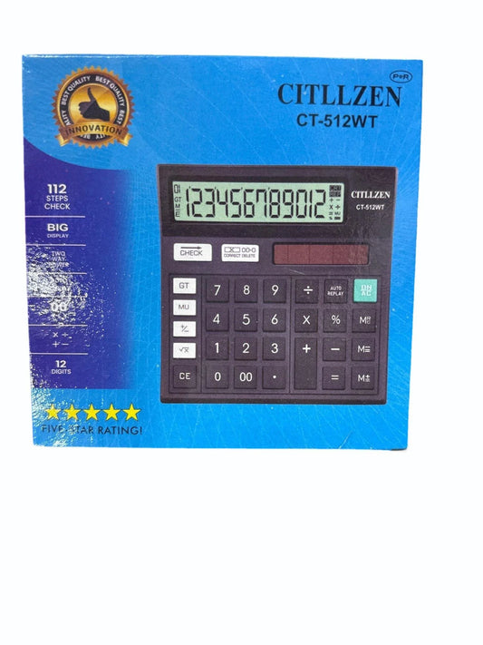 CT-512WT Desktop Calculator, 12-Digit LCD Display, Black, Solar and Battery Powered, Basic Office Calculator