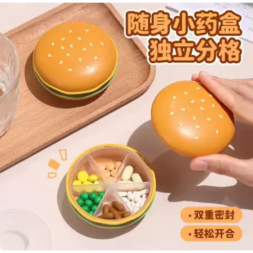 WS501 Cute Burger Shape Pill Box, Portable Mini Medicine Organizer for Daily Use