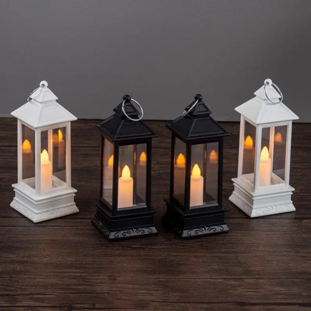 20307 Classic Style Lantern with Artificial Rustic Battery-Operated Flameless Candle Light for Home Decoration {Black/White}