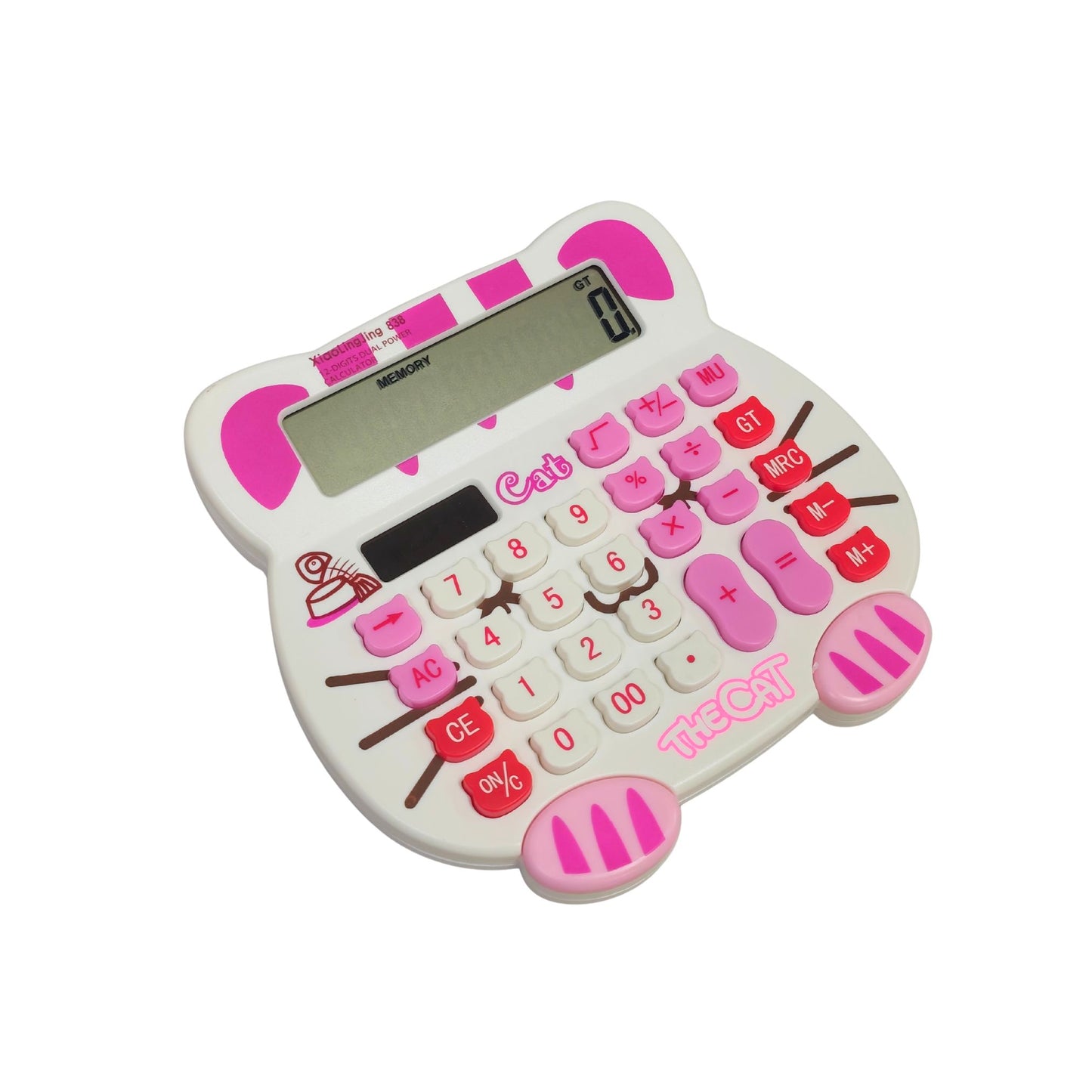 838 Adorable Creative 12 Digits Solar Dual Power Cartoon Cat Shape LCD Display Desktop Calculator with Big Screen {Random Color}