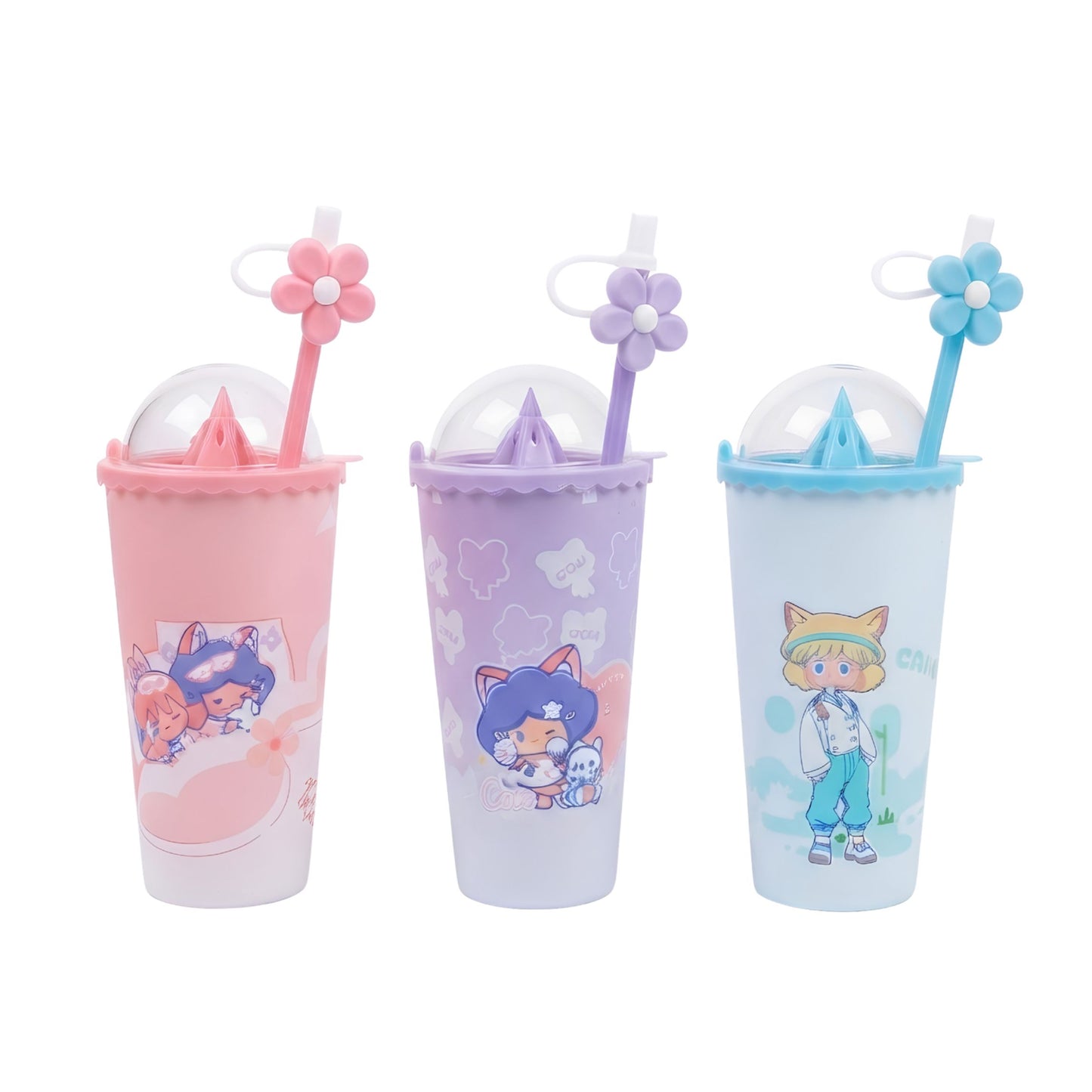 20772 Cute Cartoon Printed Sipper Cup with Flower Straw & Lid | Reusable Drinking Tumbler for Kids | BPA Free Water & Juice Cup | Random Color & Design