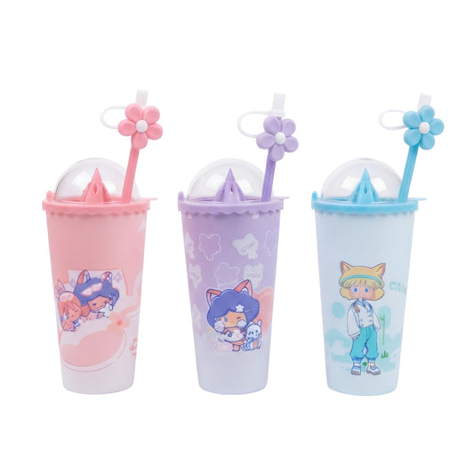 20772 Cute Cartoon Printed Sipper Cup with Flower Straw & Lid | Reusable Drinking Tumbler for Kids | BPA Free Water & Juice Cup | Random Color & Design