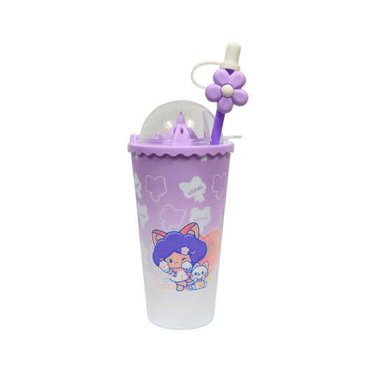20772 Cute Cartoon Printed Sipper Cup with Flower Straw & Lid | Reusable Drinking Tumbler for Kids | BPA Free Water & Juice Cup | Random Color & Design