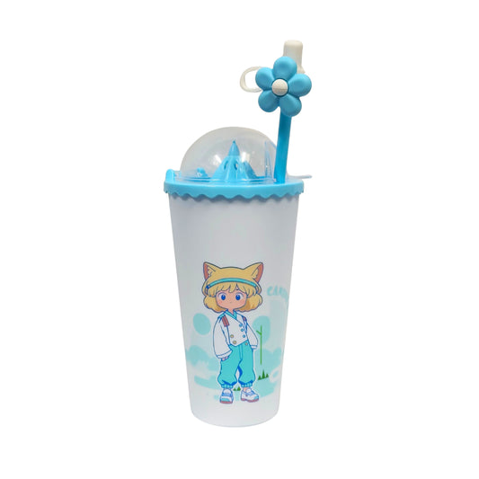 20772 Cute Cartoon Printed Sipper Cup with Flower Straw & Lid | Reusable Drinking Tumbler for Kids | BPA Free Water & Juice Cup | Random Color & Design