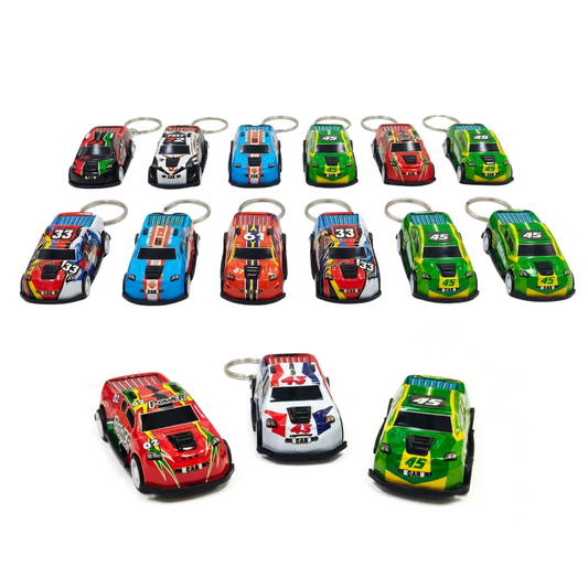 20674 {Pack of 12} Racing Car KeyRings | Pull-back Car KeyChain| Multicolour,Random design & Fast moving Racing Car Toy KeyChain| Keychain for Girls, Boys, Kids
