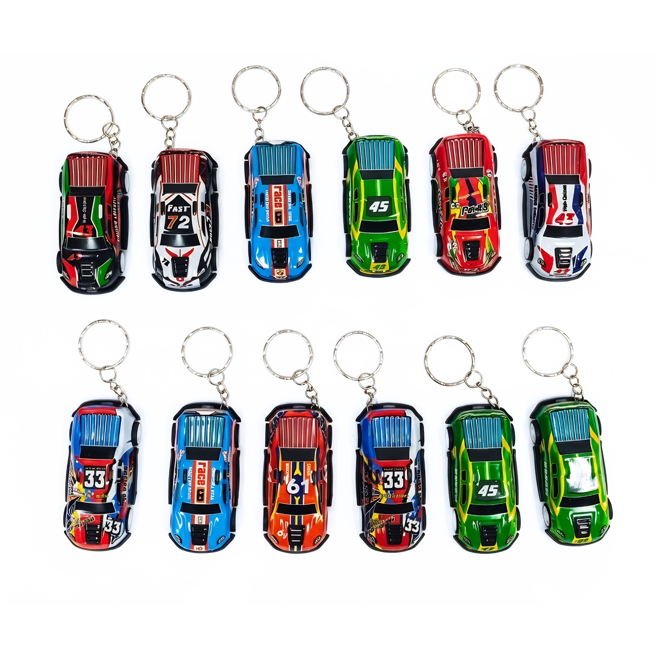 20674 {Pack of 12} Racing Car KeyRings | Pull-back Car KeyChain| Multicolour,Random design & Fast moving Racing Car Toy KeyChain| Keychain for Girls, Boys, Kids