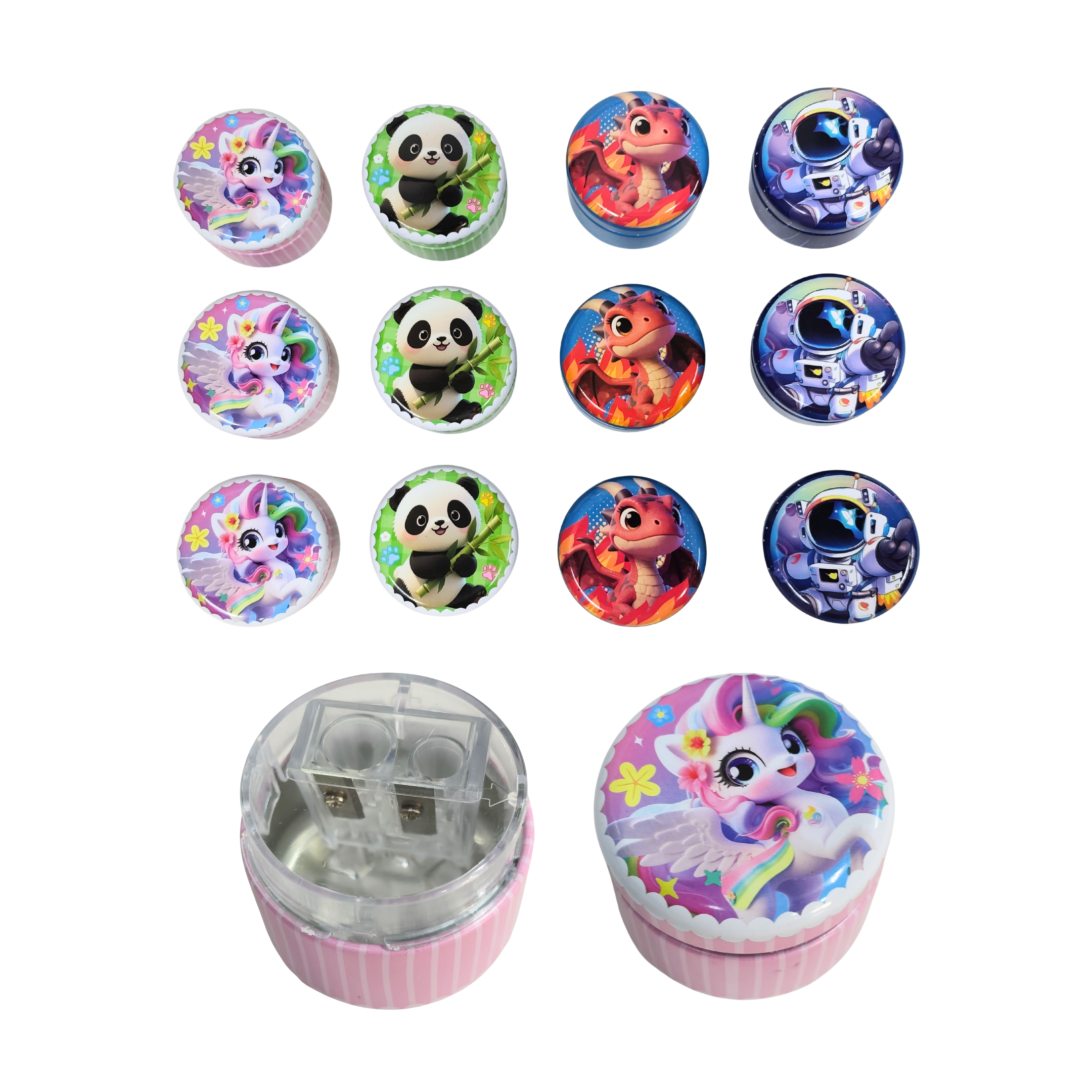 KT-T5904 Cute Design Pencil Metal Sharpener with Lid & Shavings Container, Dual Hole Handheld Pencil Sharpener for Kids