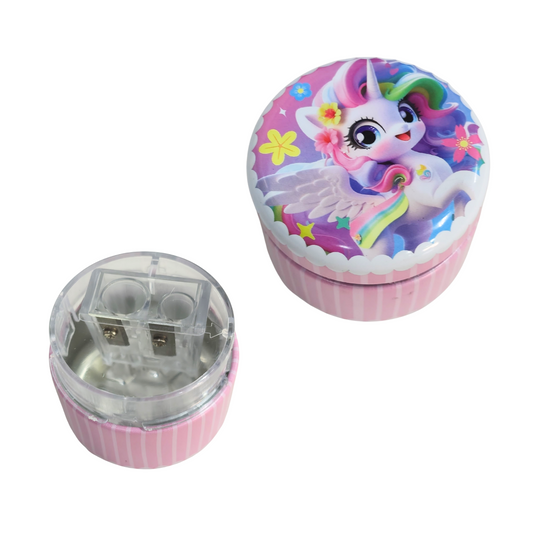 KT-T5904 Cute Design Pencil Metal Sharpener with Lid & Shavings Container, Dual Hole Handheld Pencil Sharpener for Kids