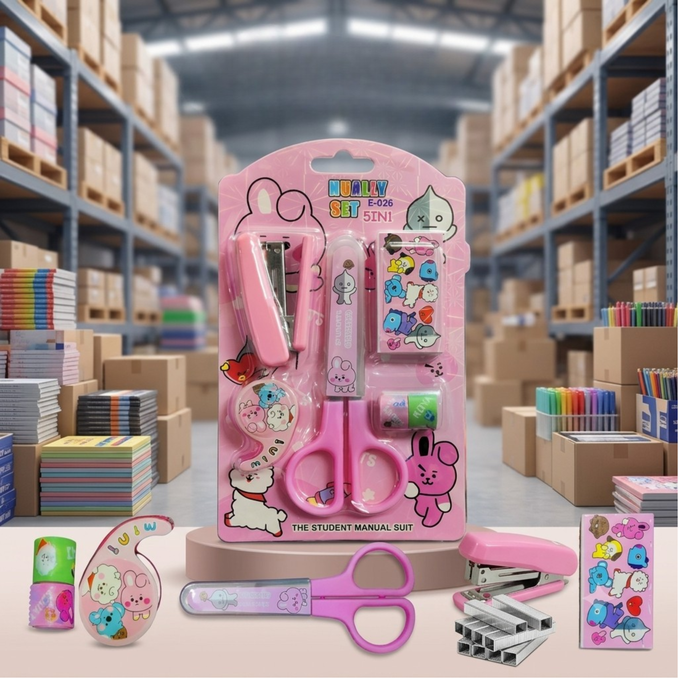 CD 9667 Cartoon Stationery Set – Kawaii Stapler with Scissor, Washi Tape for Office, School, Home, Portable Mini Size Stapler with 400 Staples Blister {Random Color}