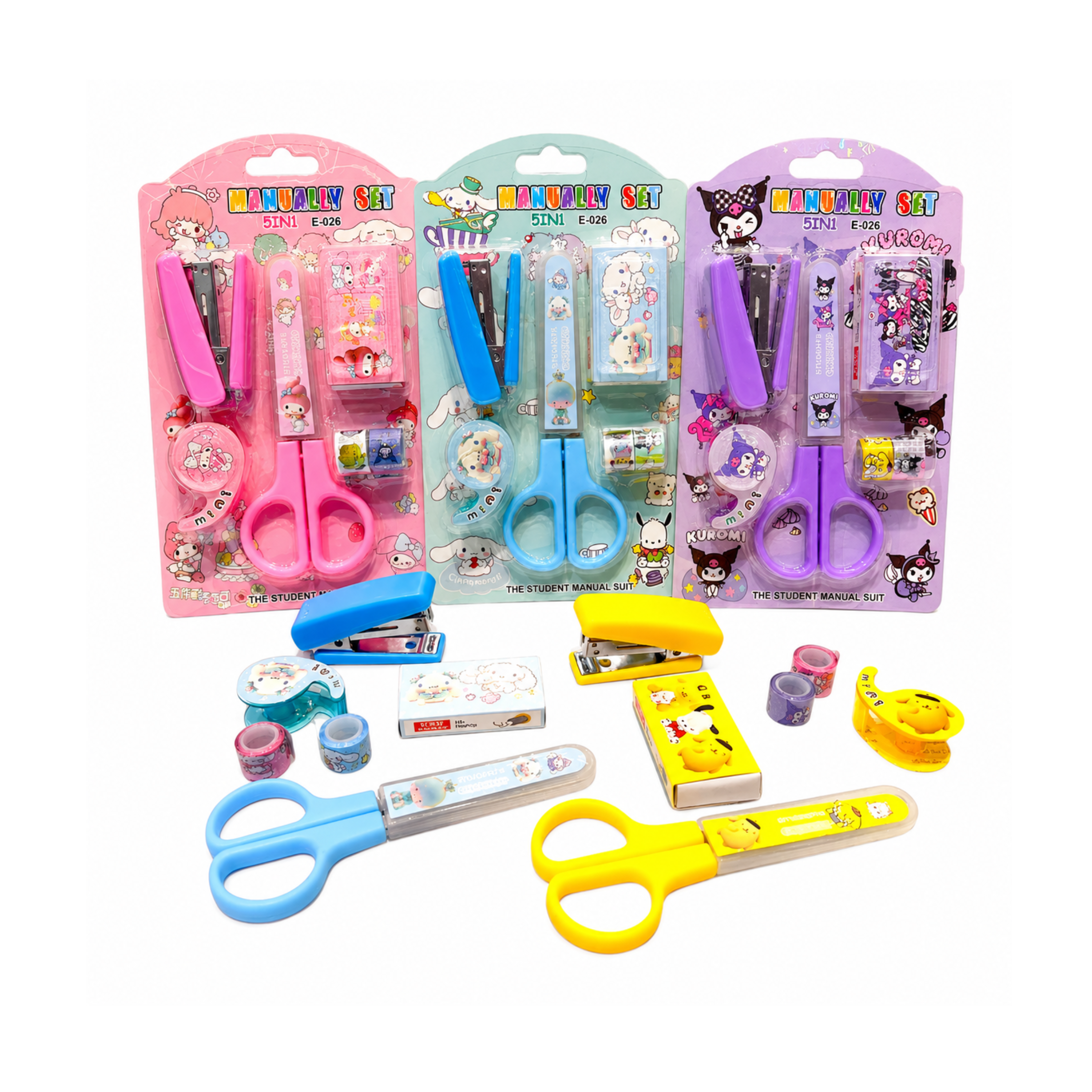 CD 9667 Cartoon Stationery Set – Kawaii Stapler with Scissor, Washi Tape for Office, School, Home, Portable Mini Size Stapler with 400 Staples Blister {Random Color}
