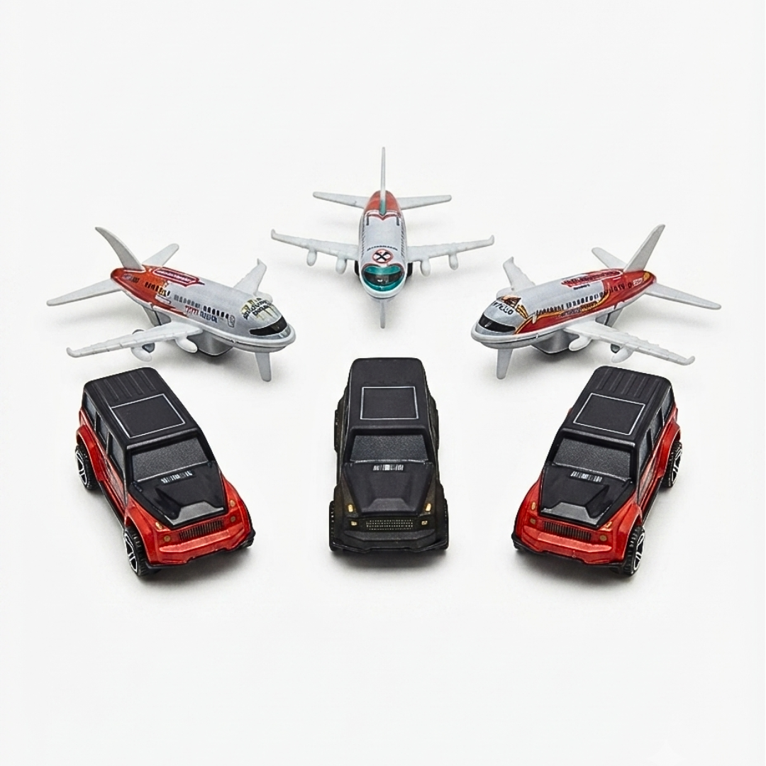 MD123-26H Metal Pull Back Cars & Airplanes Toy Set | 6 Pieces (3 Cars + 3 Airplanes) | Friction Powered Mini Vehicles | Kids Gift for Boys & Girls