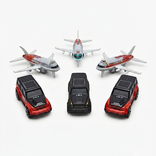 MD123-26H Metal Pull Back Cars & Airplanes Toy Set | 6 Pieces (3 Cars + 3 Airplanes) | Friction Powered Mini Vehicles | Kids Gift for Boys & Girls