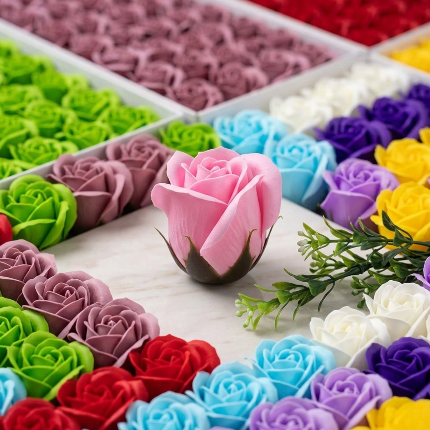 10881 {50 Pcs} Decor Premium Artificial Rose Box  - Ideal for Decoration, Home/Office Decor, Gifts, Crafts, DIY, Bouquets, Cake Decorating {Multicolour}