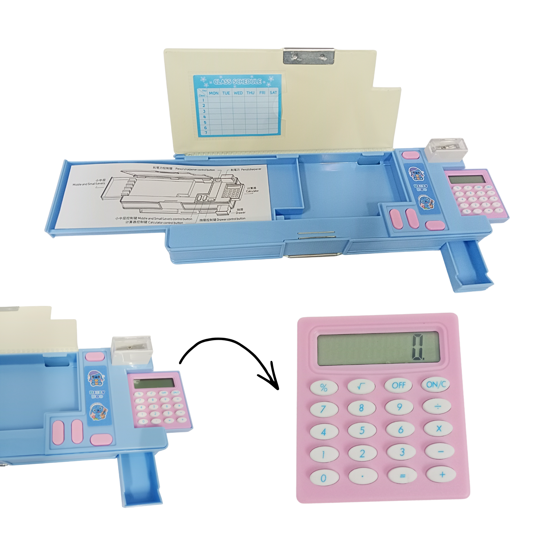 35340-B New Durable Space Multifunctional School Pencil Box with Calculator Cute Cartoon Stationary Compass Geometry Kids with Ruler Eraser Sharpener Box {Pick / blue }