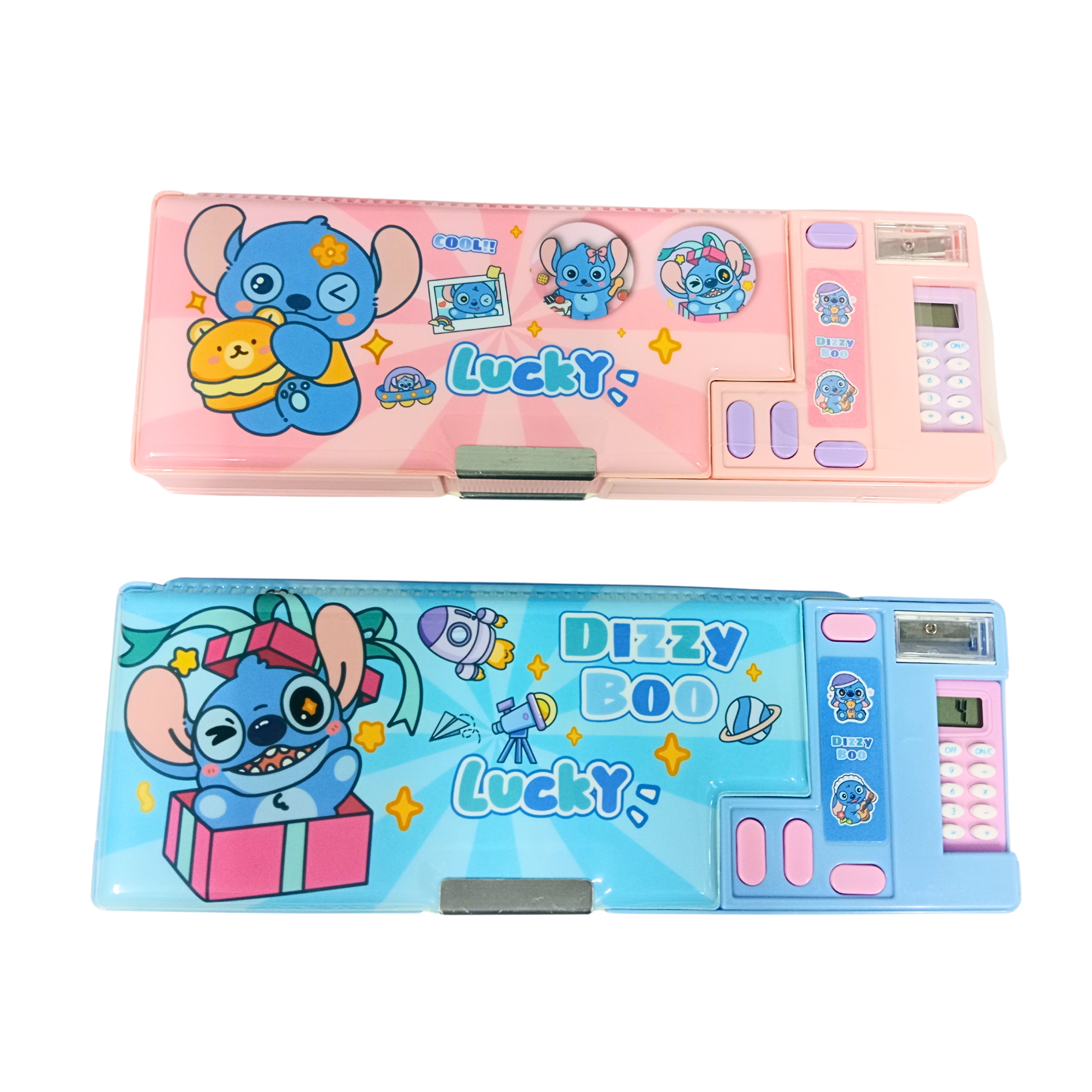 35340-B New Durable Space Multifunctional School Pencil Box with Calculator Cute Cartoon Stationary Compass Geometry Kids with Ruler Eraser Sharpener Box {Pick / blue }