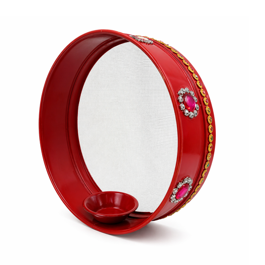 20564 Red Decorative Karwachauth Channi Sieve | Karva Chauth Thali Set for Puja | Karwa Chauth Gift for Wife